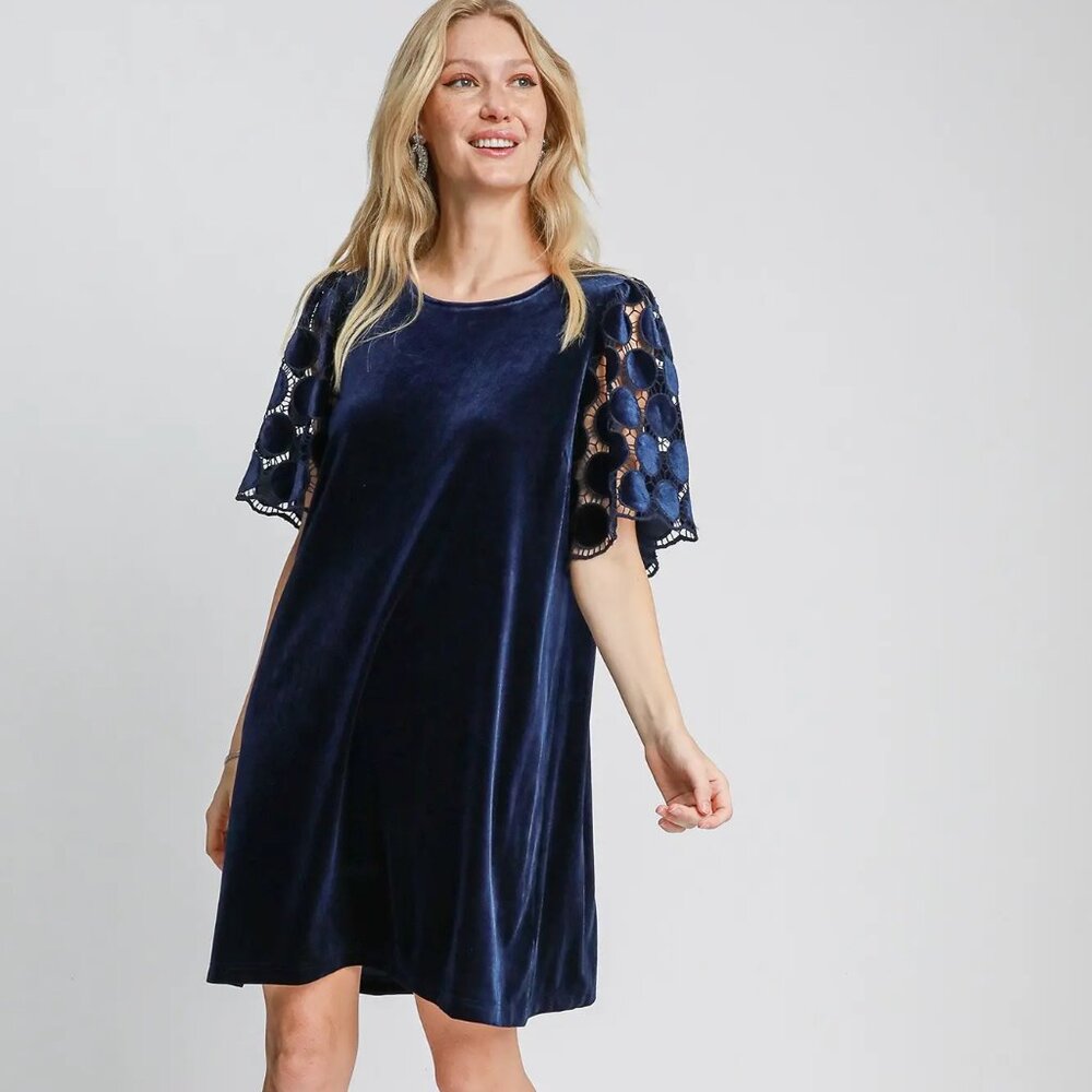 Umgee Navy Velvet Shift Dress Dotted Velvet Lace Short Sleeve Woman's Small NWT